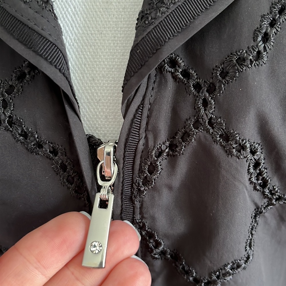 WHBM Eyelet Zip Front BlazerJacket with Rhinestone Accents and Peplum Hemline - Picture 4 of 14